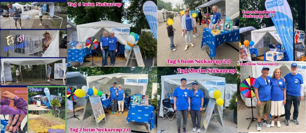 Eine Fotocollage von der Veranstaltung Neckarcup 2.0. Stände mit Bannern, bunte Luftballons, sich drehende Preisräder und Menschen in blauen Hemden verwickeln die Besucher in verschiedene Outdoor-Aktivitäten unter weißen Zelten.
